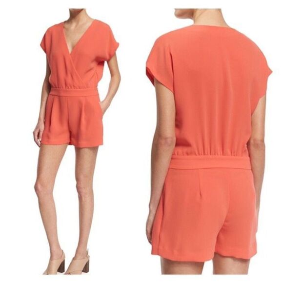 Diane von Furstenberg Emerson Crepe Surplice Romper, Ocean Coral Size 6 - Picture 1 of 13